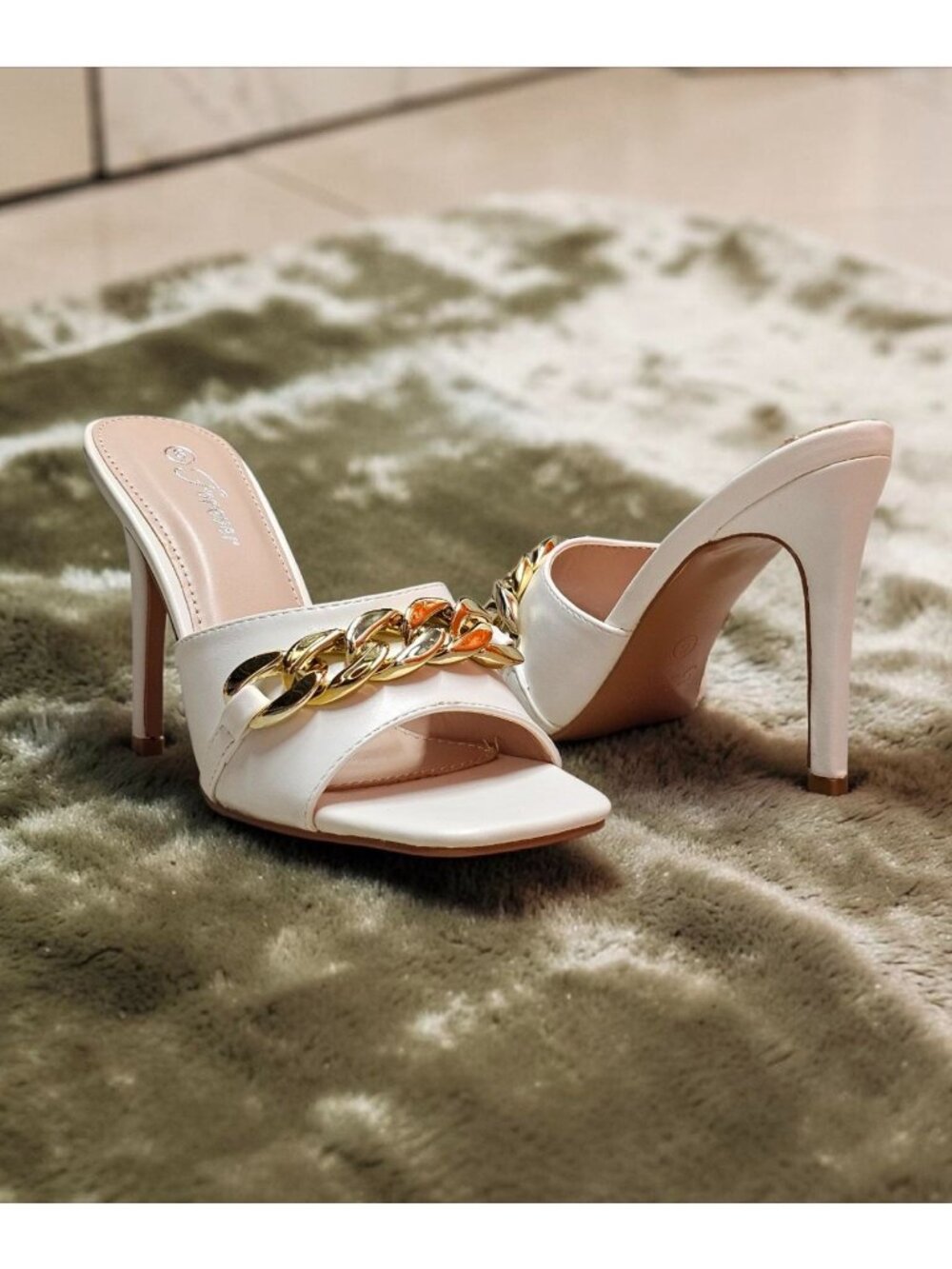 White High-Heel Mules With Gold Chain Accent - Forever Brand - Chic Open-Toe Des